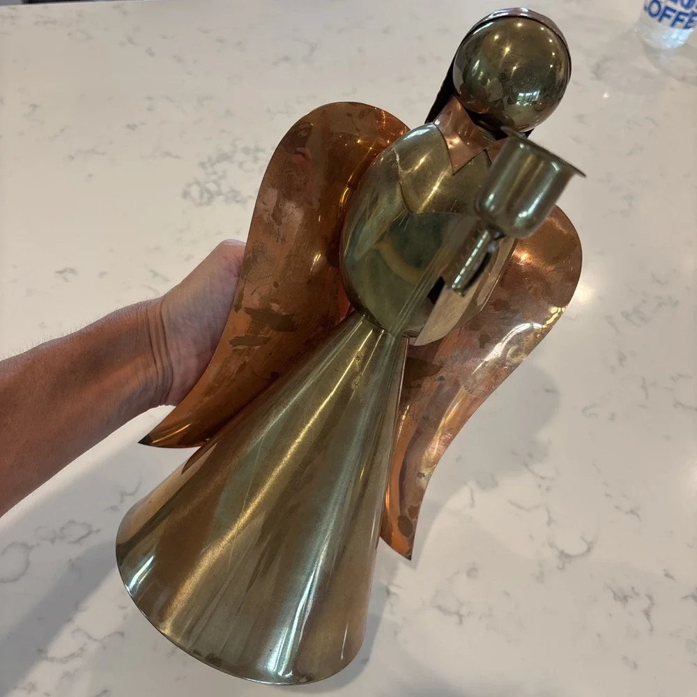 VTG Brass Copper Angel Candle Holder 12 Inch Mid-Century Modern Patina Hong Kong